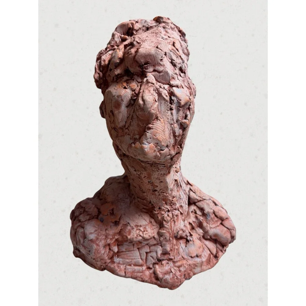 Brutalist Terracotta Bust Sculpture Abstract Fine Art Signed AEL MCM